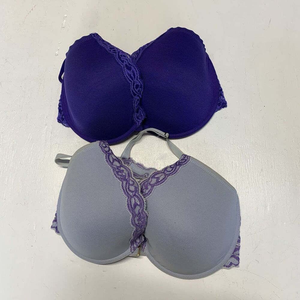 Natori Lot Of 2 Feathers Plunge Bra 34DDD Purple Blue And Light Blue Front